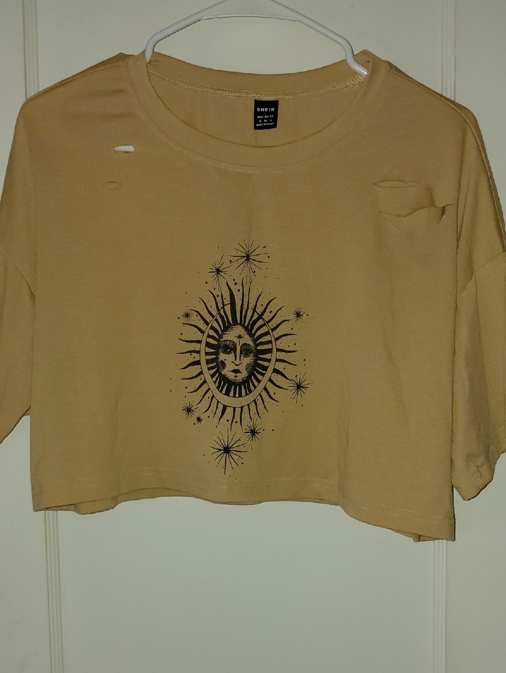 SHEIN Mustard Cropped Tee with Black Sun Graphic